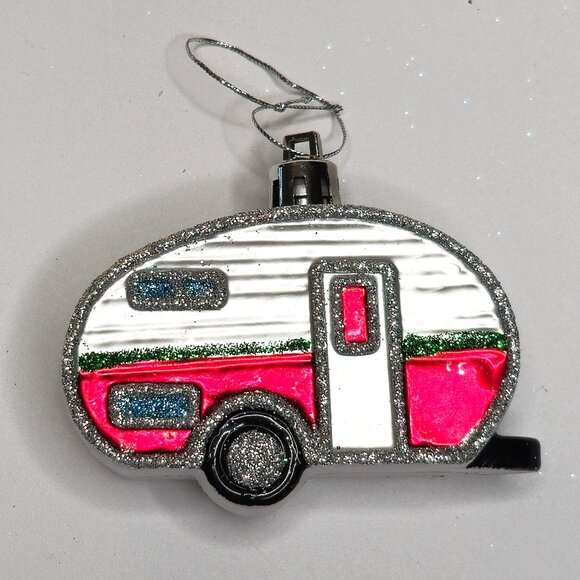 Retro Airstream Camper Trailer Christmas Ornament Red w/ Silver Glitter Accent - Picture 4 of 4
